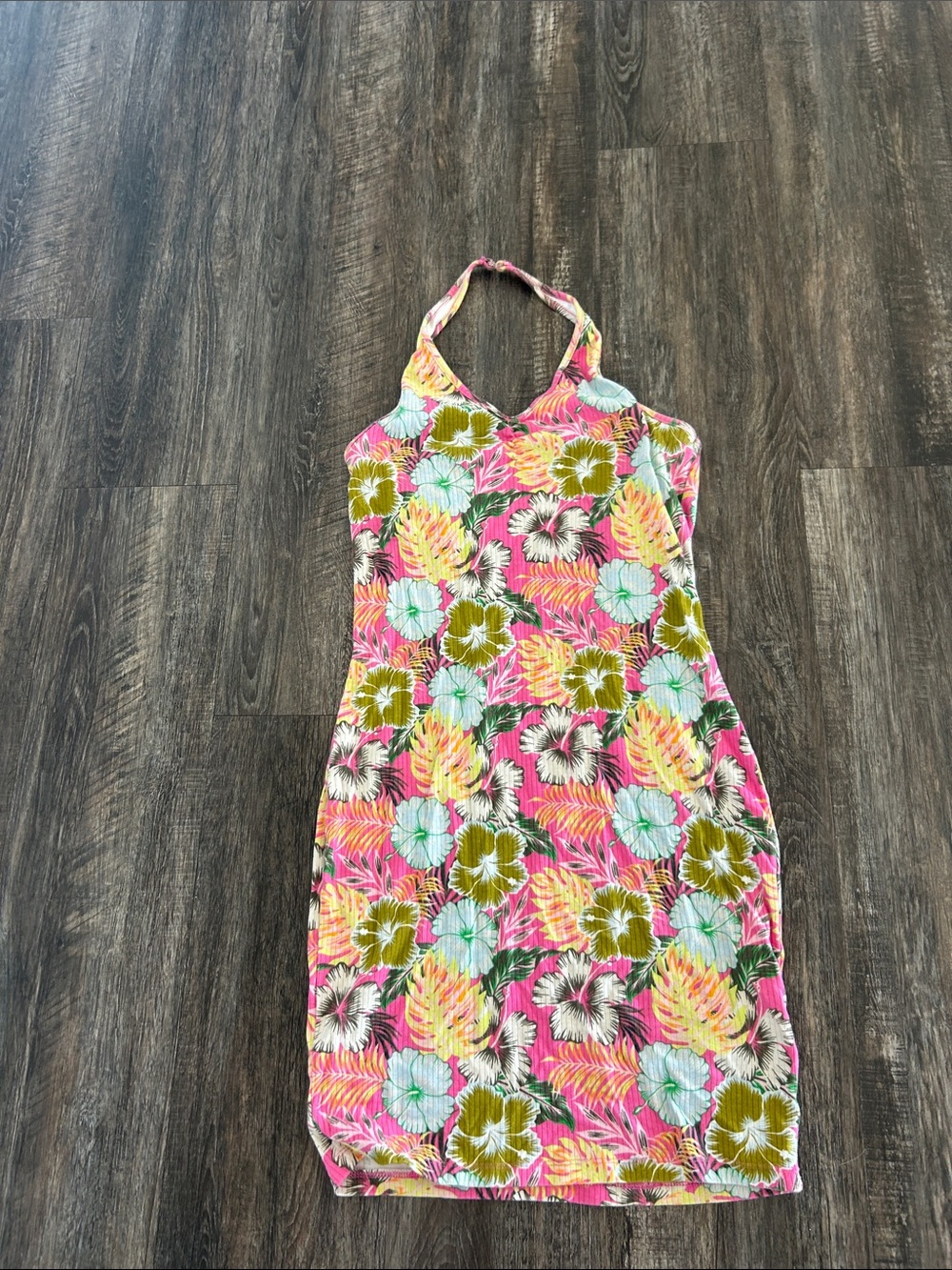 Tropical Floral Halter Dress — Pink Multi